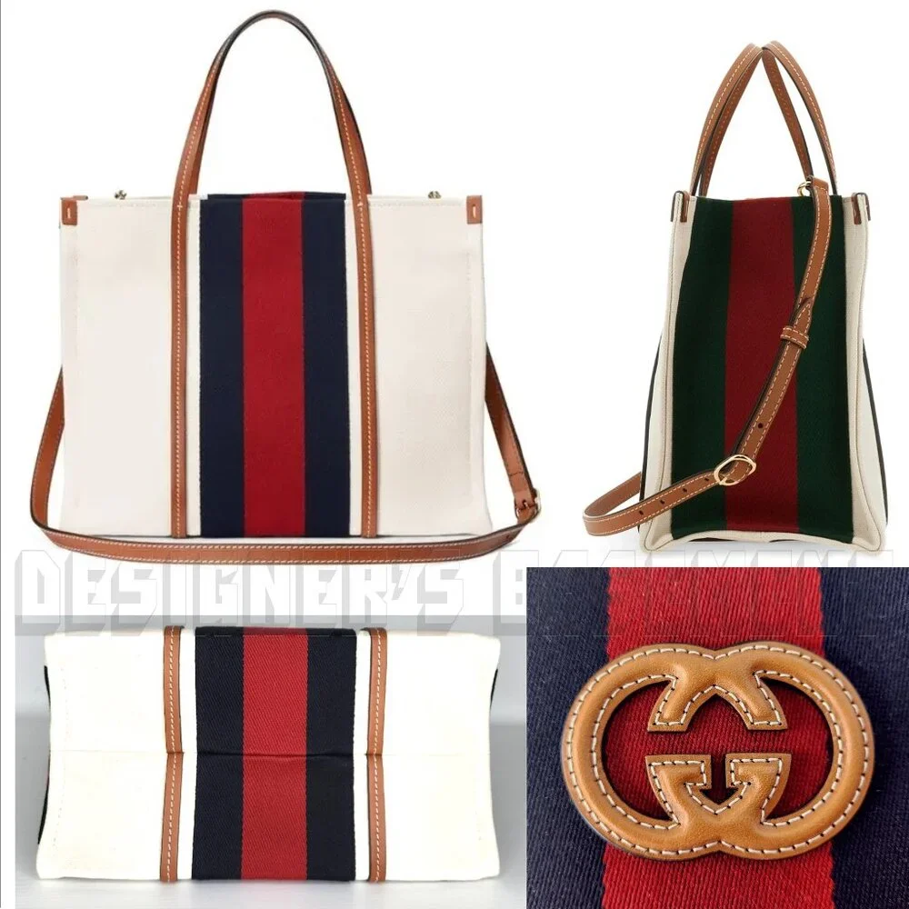 GUCCI white Canvas w/ cognac Leather Interlocking G WEB Medium Shopping Tote Bag - Picture 4 of 12
